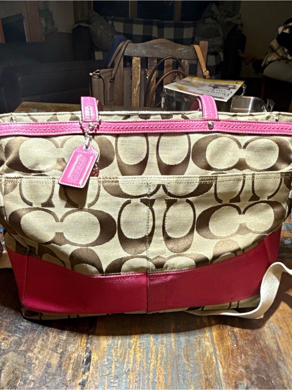 Coach Beige Signature Canvas Tote with Pink Leather Trim